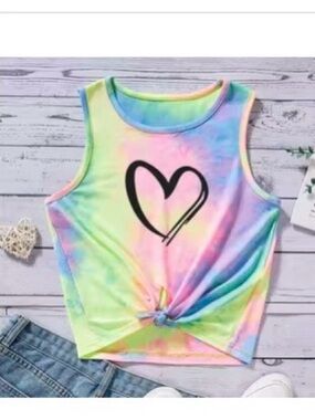 Girls Rainbow Tie Dye Tank Top Heart Graphic Size 8 Knot Front